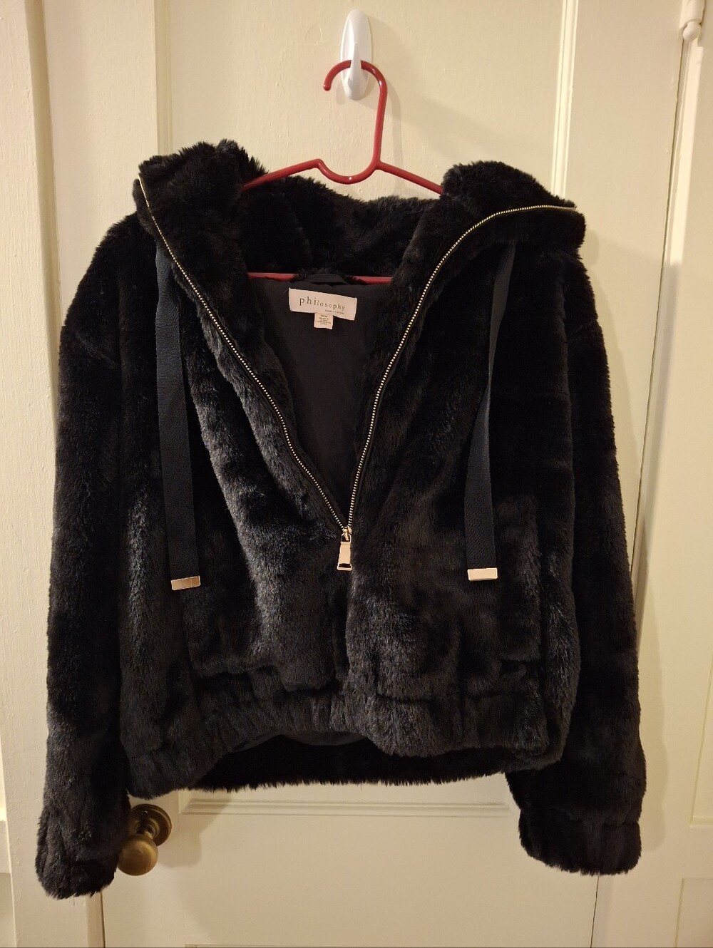 Philosophy Black Faux Fur Hooded Zip Jacket with Gold Accents